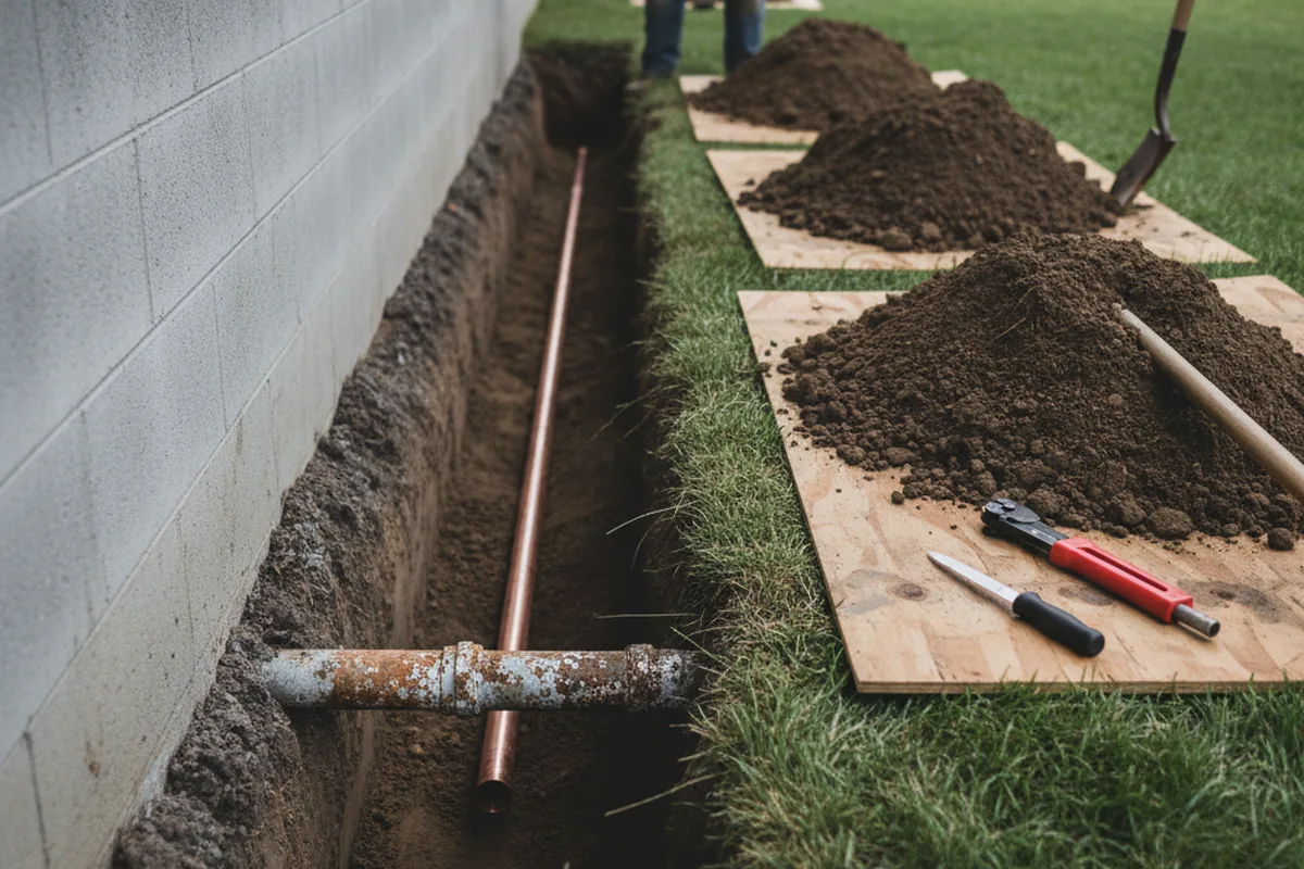 Excavated water line trench during Water Softener Installation in Chesapeake